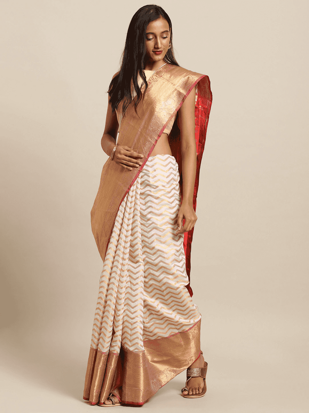 Bollywood Pure Kanjivaram White Geometric Print Silk Saree 