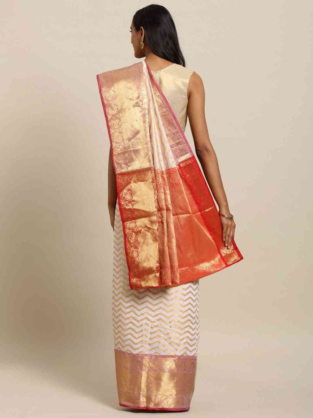 Bollywood Pure Kanjivaram White Geometric Print Silk Saree 