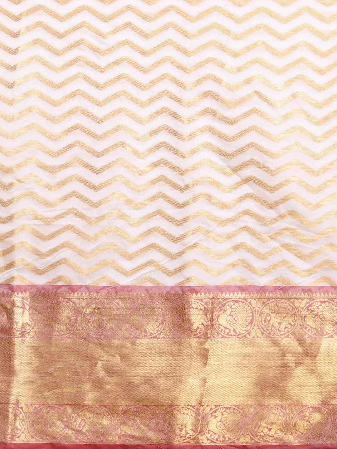 Bollywood Pure Kanjivaram White Geometric Print Silk Saree 