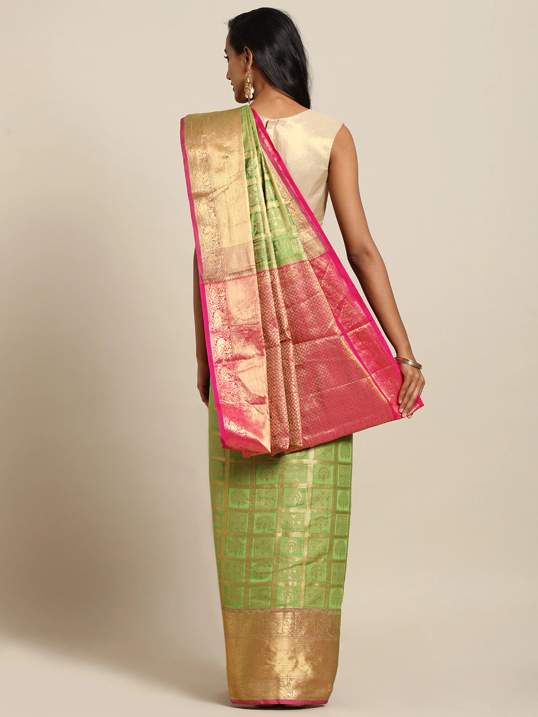 Stylish Kanjivaram Pista Colour Checked Silk Cotton Saree 