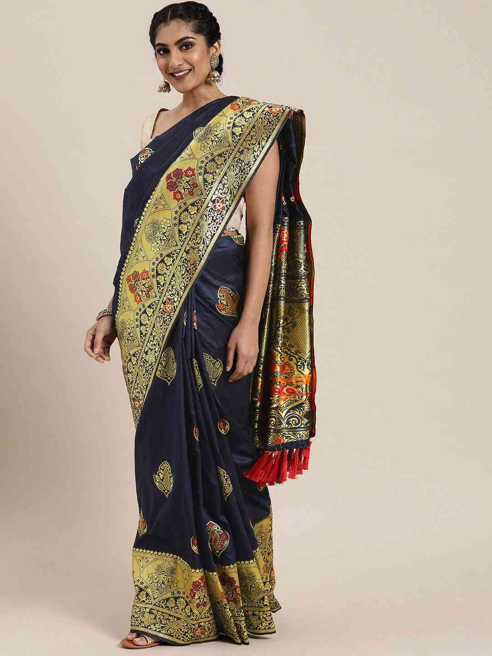 Stylish Navy Colour Kanjivaram Silk Woven Design Saree