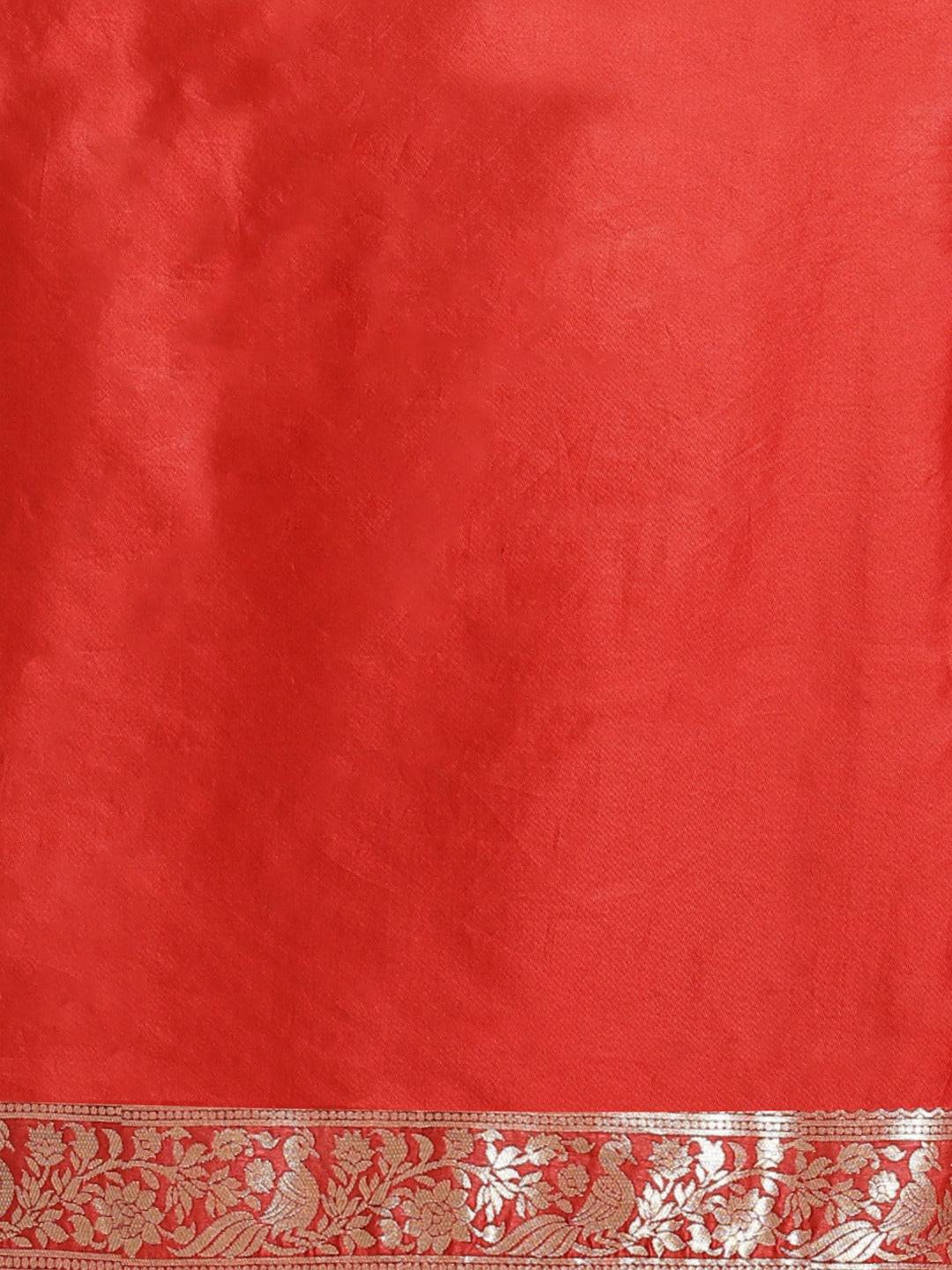 Rich red fabric of Banarasi Silk Saree with gold border