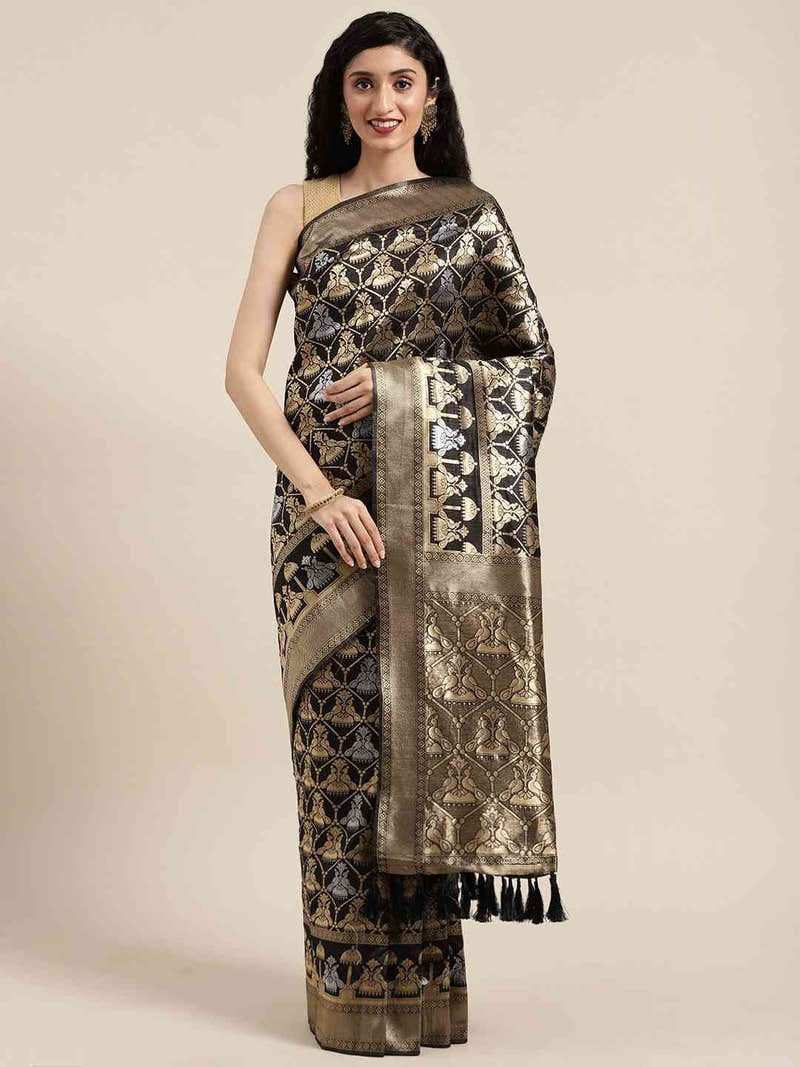 Black Silk Blend Woven Design Saree with Gold Zari Border