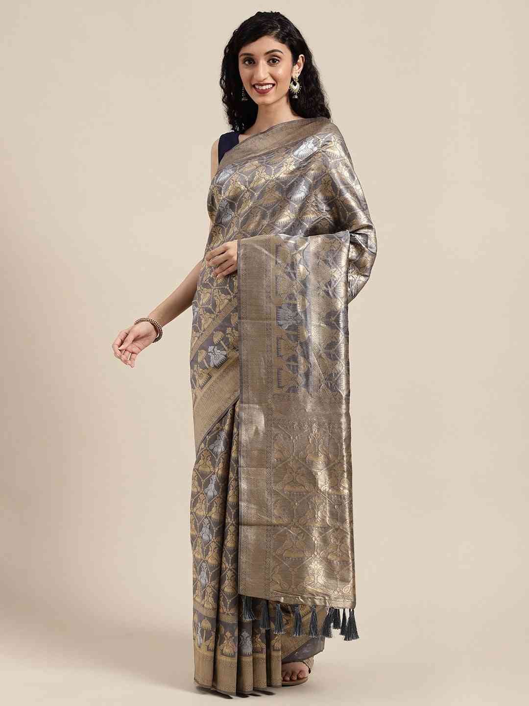  Beautiful Banarasi Grey Colour Woven Design Saree