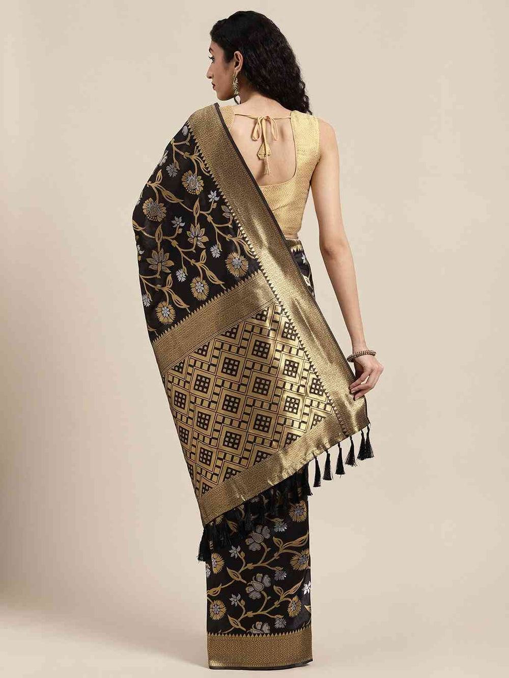  Banarasi Black Colour Saree With Zari Border