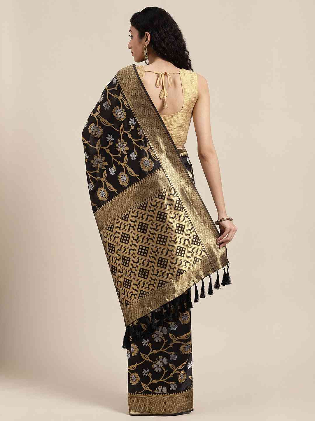  Banarasi Black Colour Saree With Zari Border