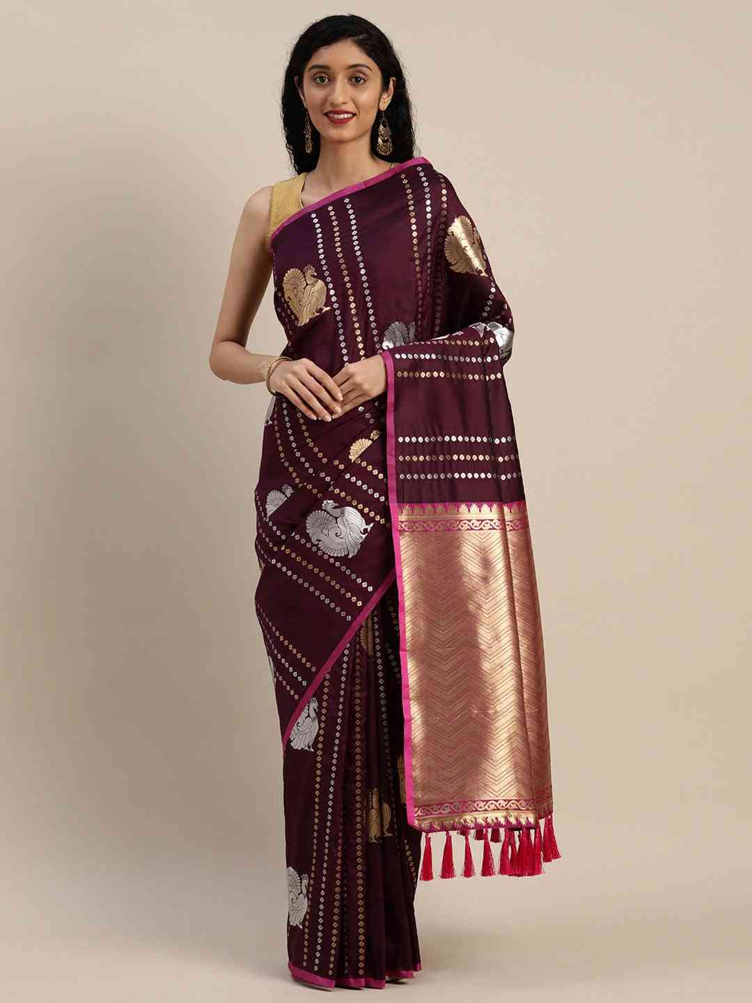  Beautiful Banarasi Wine Colour Silk Blend Saree