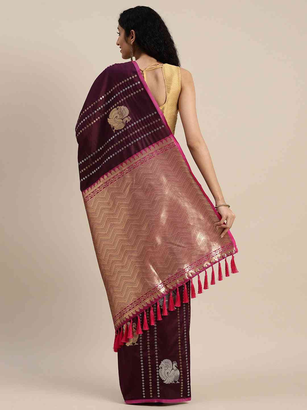  Beautiful Banarasi Wine Colour Silk Blend Saree