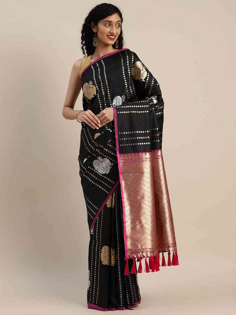 Trendy Banarasi Black Colour Silk Blend Woven Design Saree