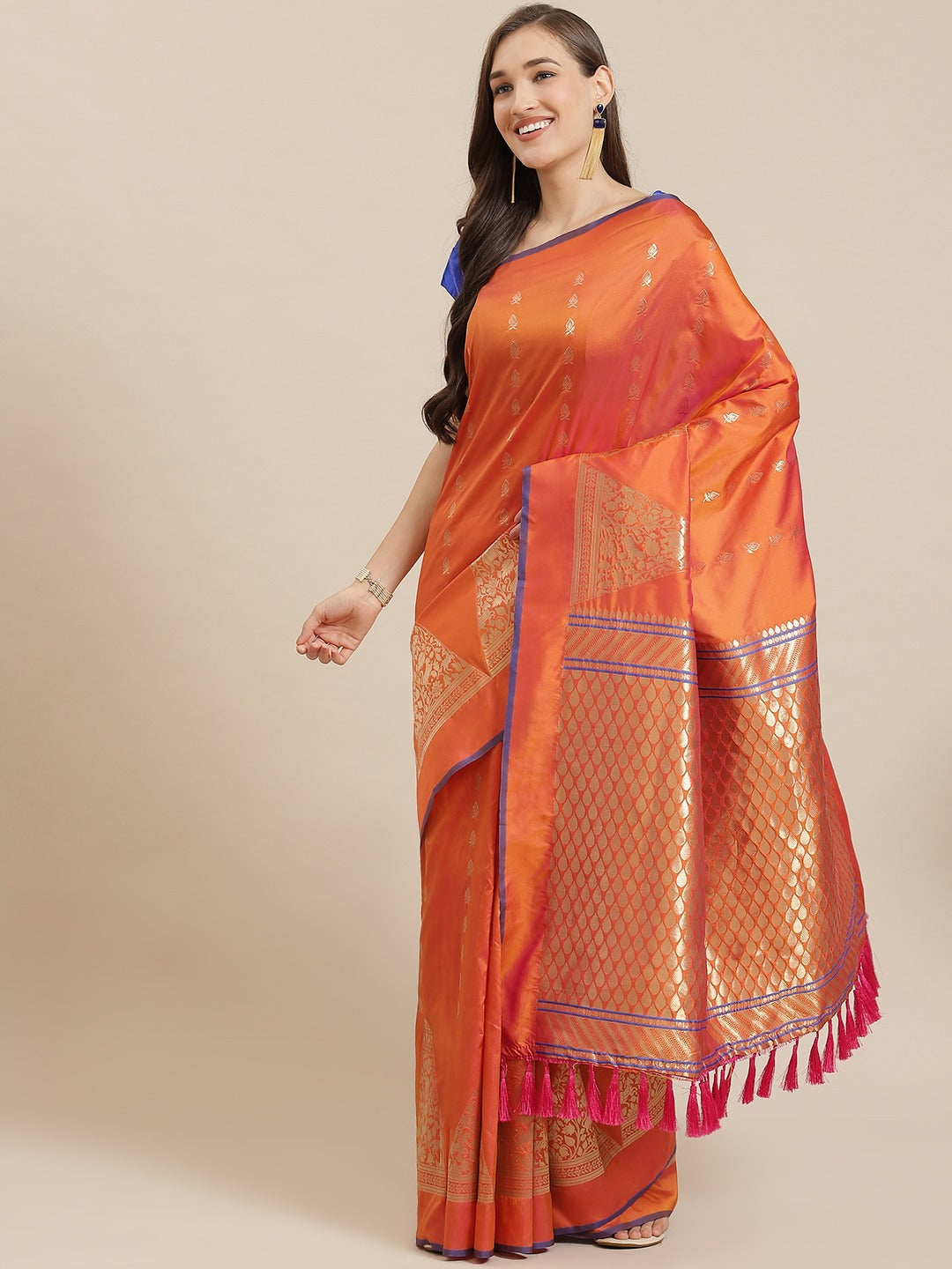 Digital Orange Colour Silk Woven Design Banarasi Saree