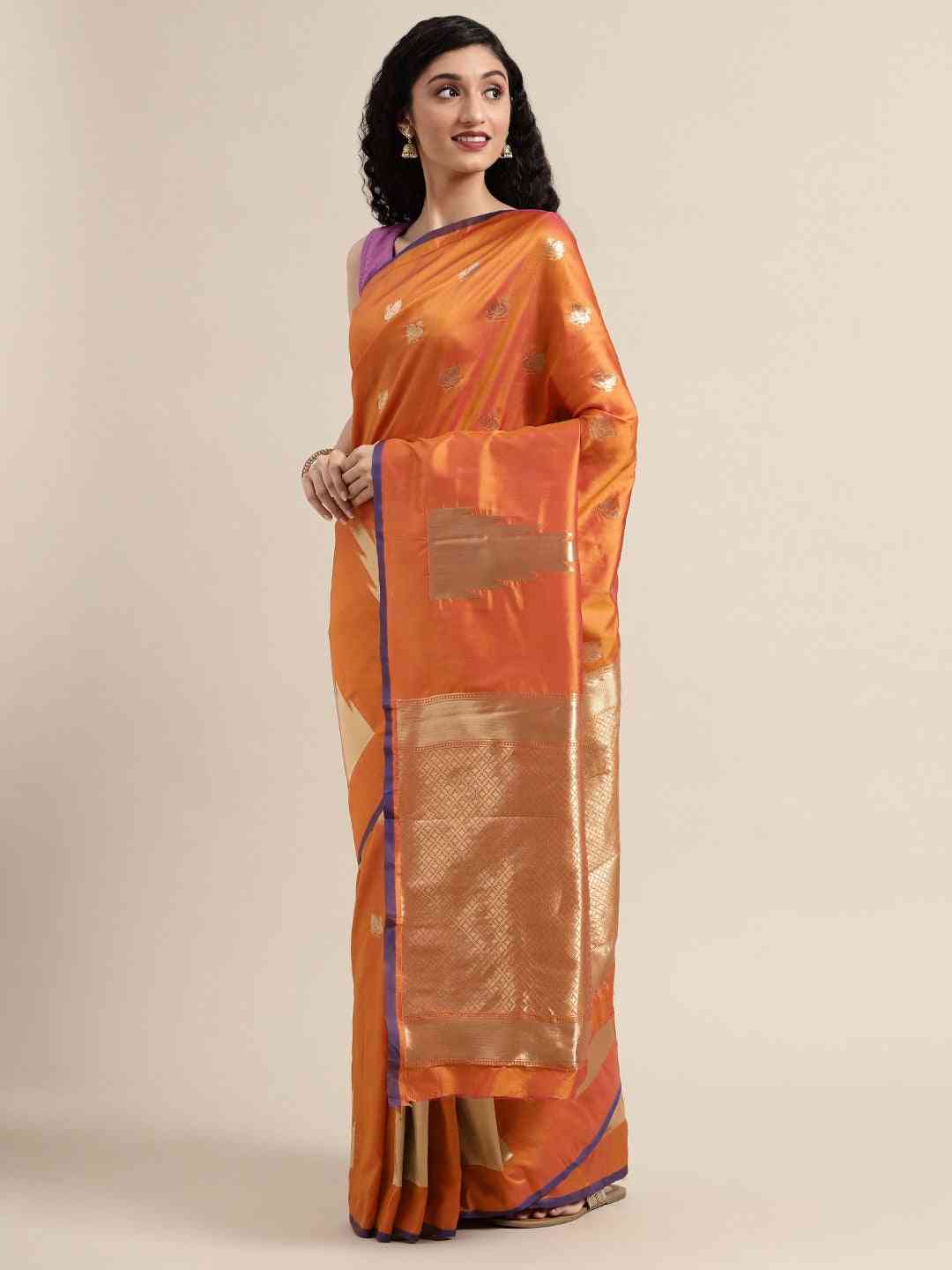 Beautiful Orange Colour Silk Woven Design Banarasi Saree 
