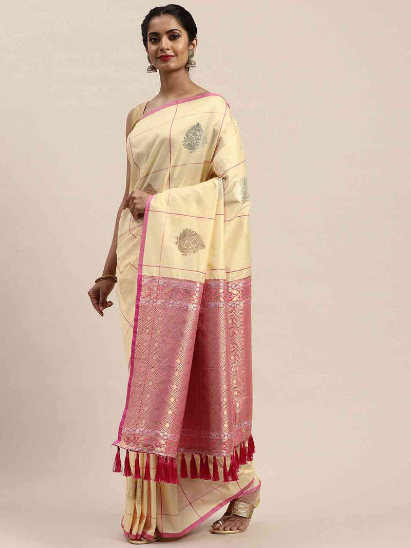 Banarasi Cream Colour Woven Design With Zari Silk Saree