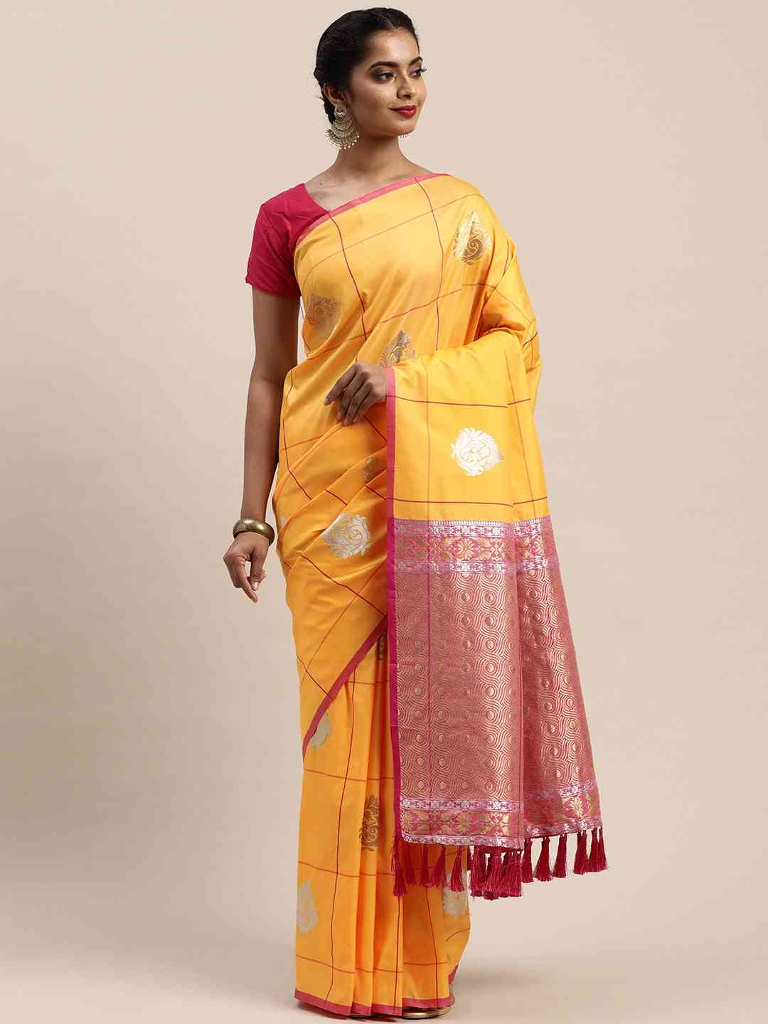  Banarasi Mustard Coour Woven Zari Design Saree