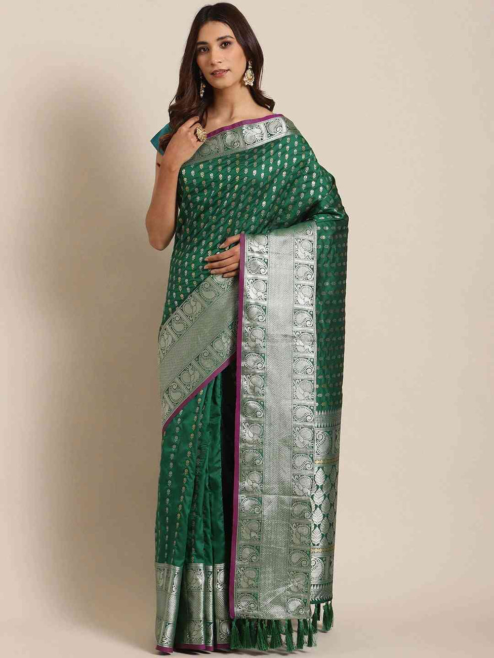  Banarasi Bottle Green Colour Saree With Woven Design