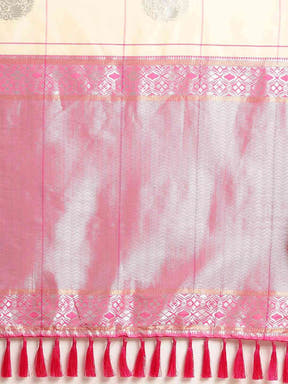 Digital Cream Colour Silk Blend Checked Banarasi Saree 