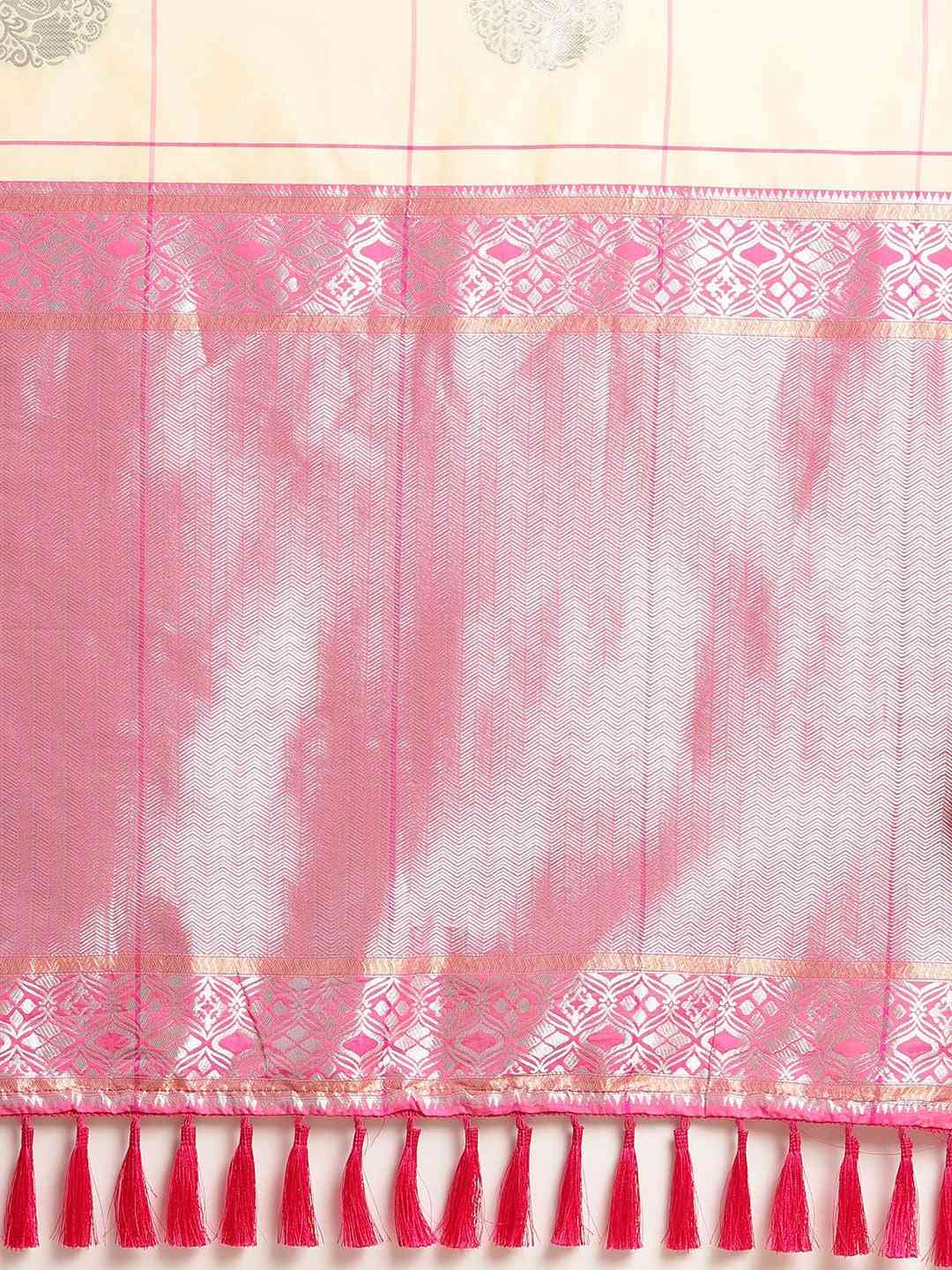 Digital Cream Colour Silk Blend Checked Banarasi Saree 