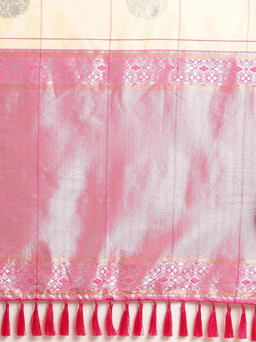 Digital Cream Colour Silk Blend Checked Banarasi Saree 