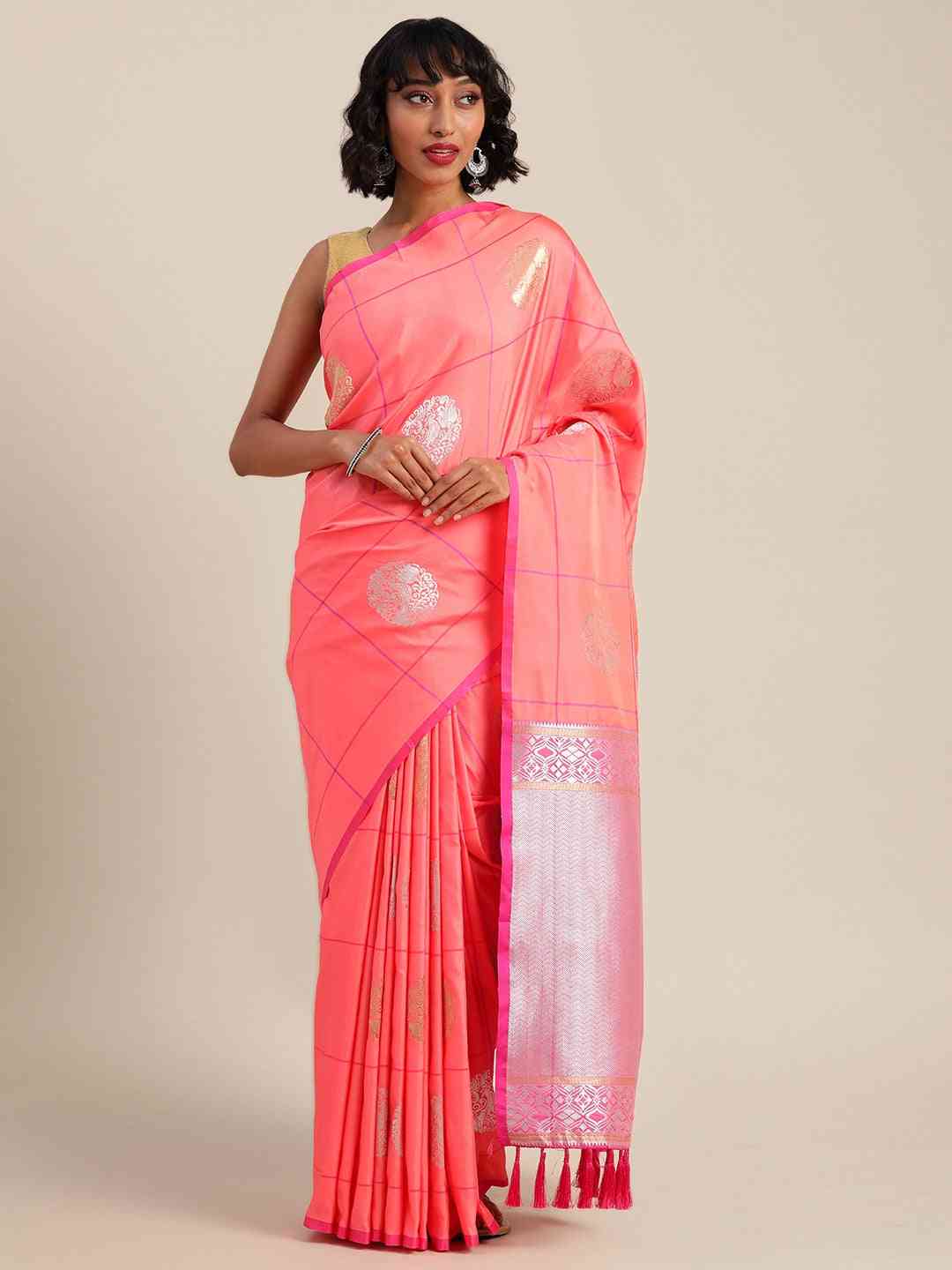 Digital Gajari Colour Silk Blend Checked Banarasi Saree