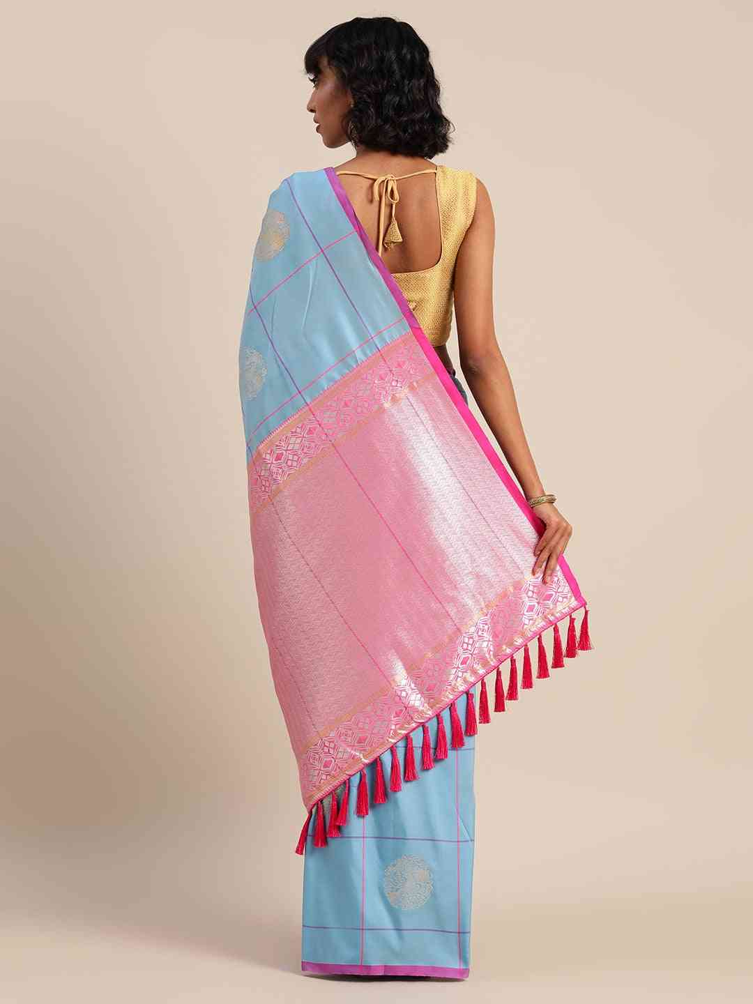  Digital Sky Blue Silk Blend Checked Banarasi Saree