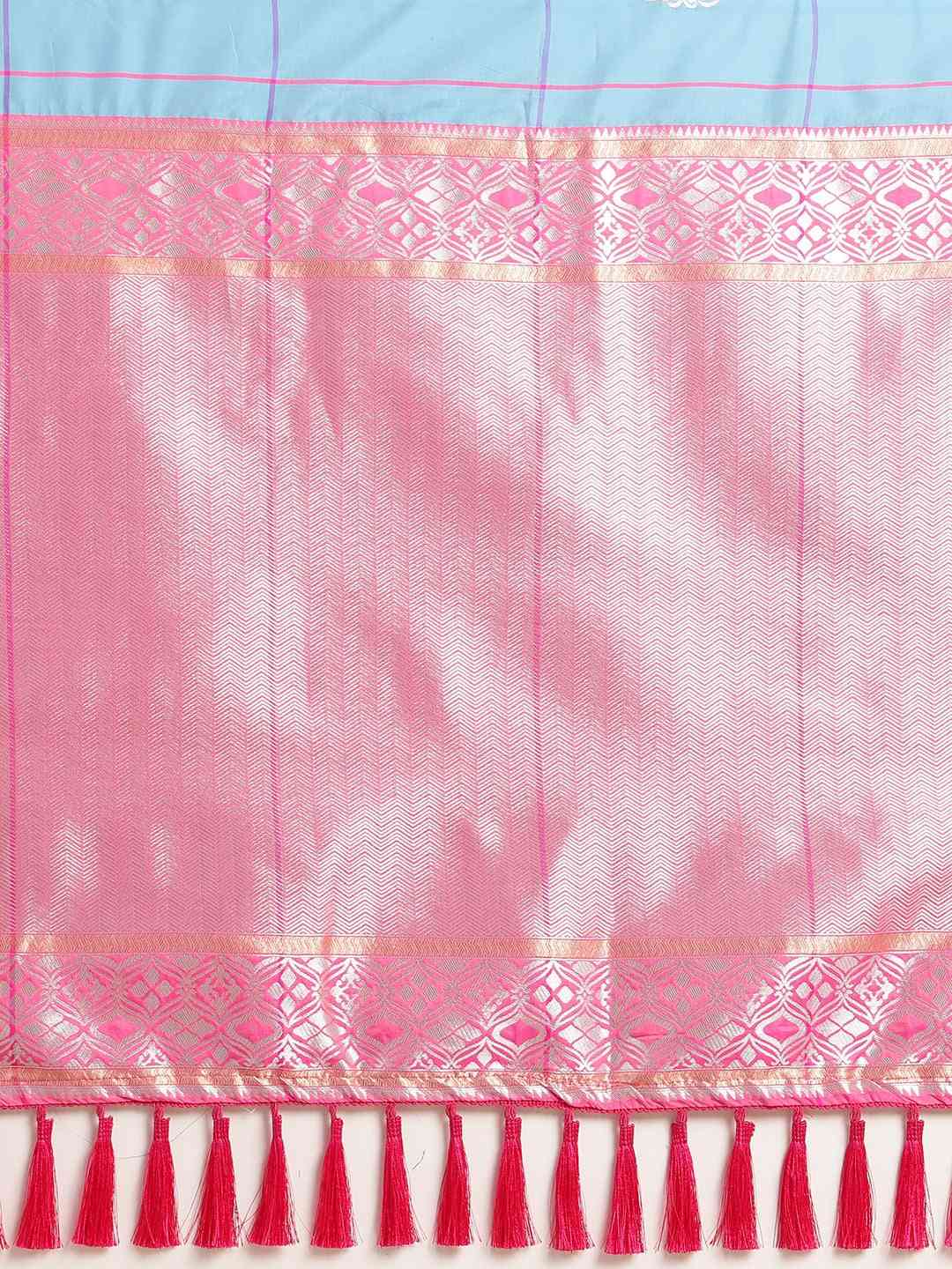  Digital Sky Blue Silk Blend Checked Banarasi Saree