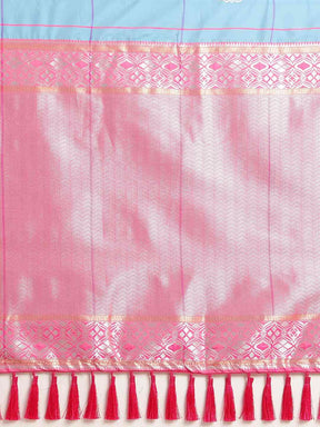  Digital Sky Blue Silk Blend Checked Banarasi Saree