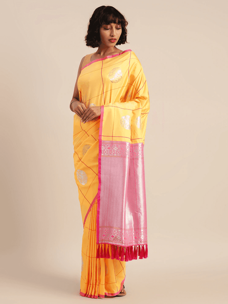 Digital Mustard Colour Silk Blend Checked Banarasi Saree 