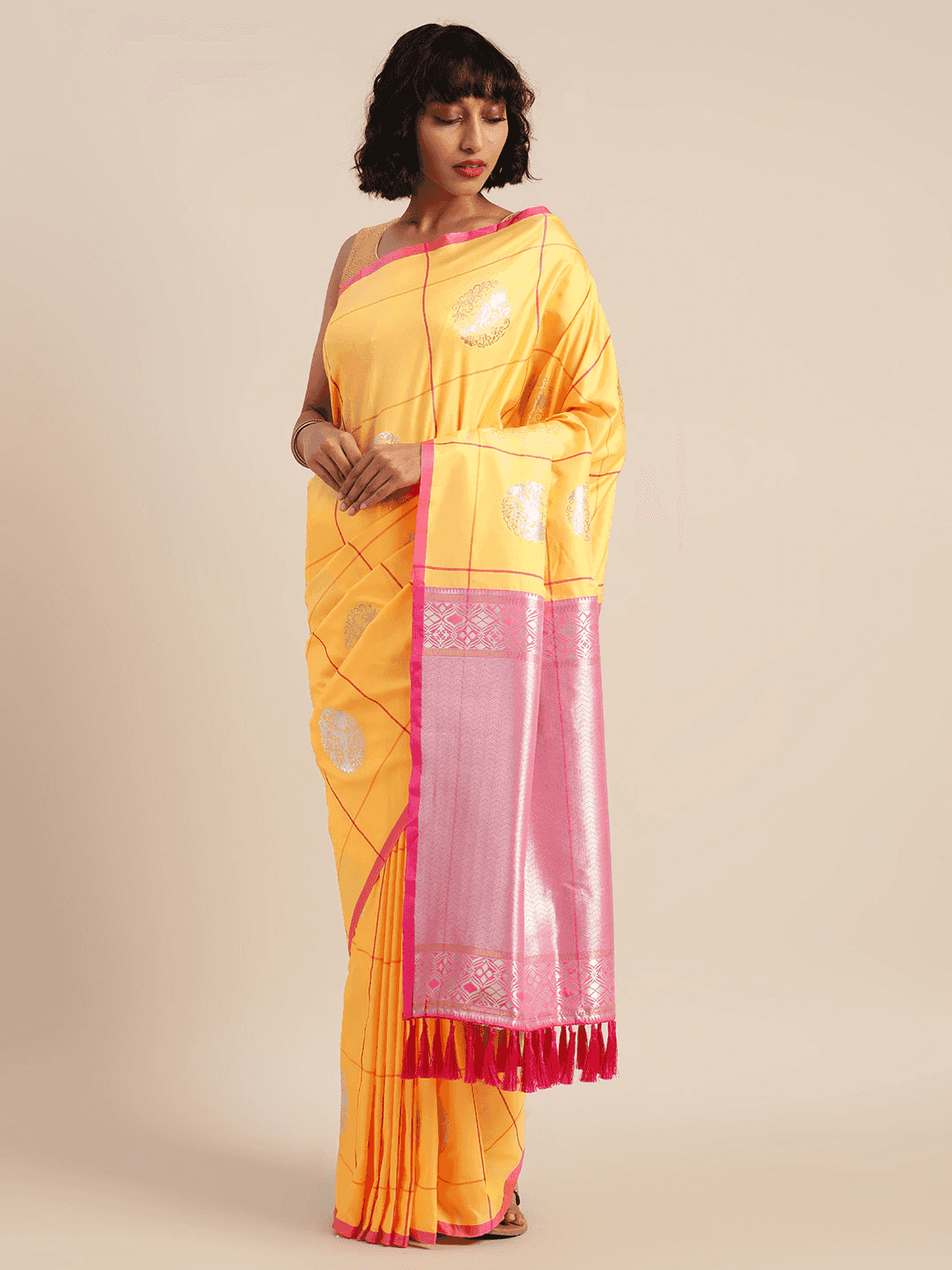 Digital Mustard Colour Silk Blend Checked Banarasi Saree 