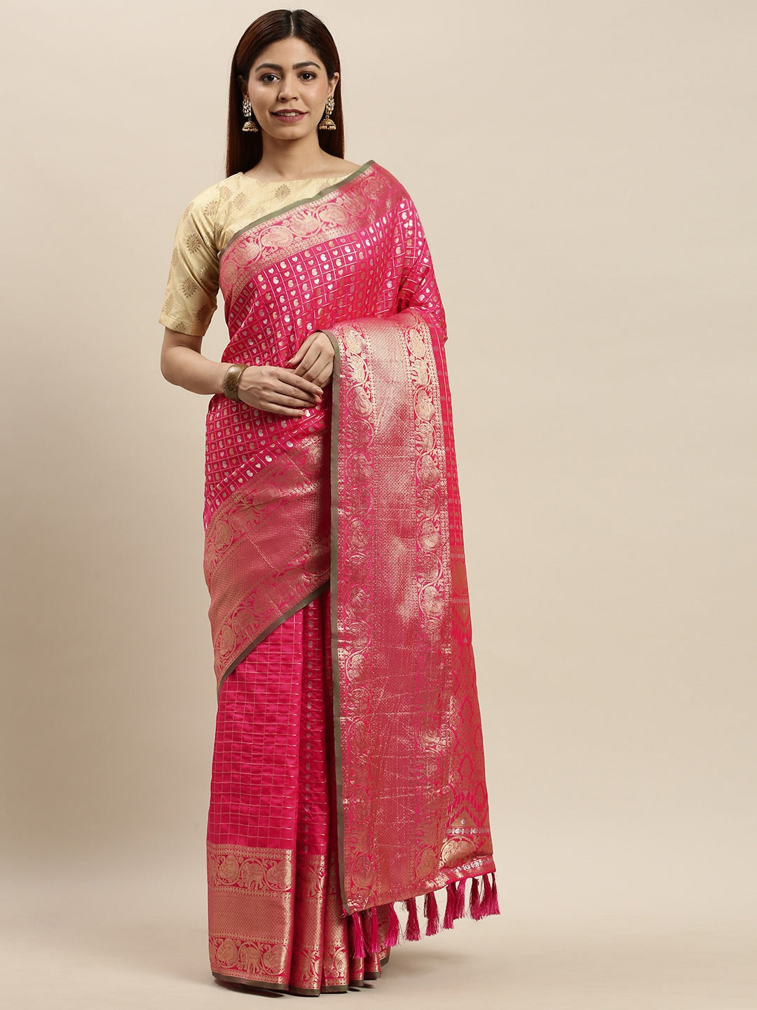 Stylish Banarasi Pink Colour Saree With Woven Design 