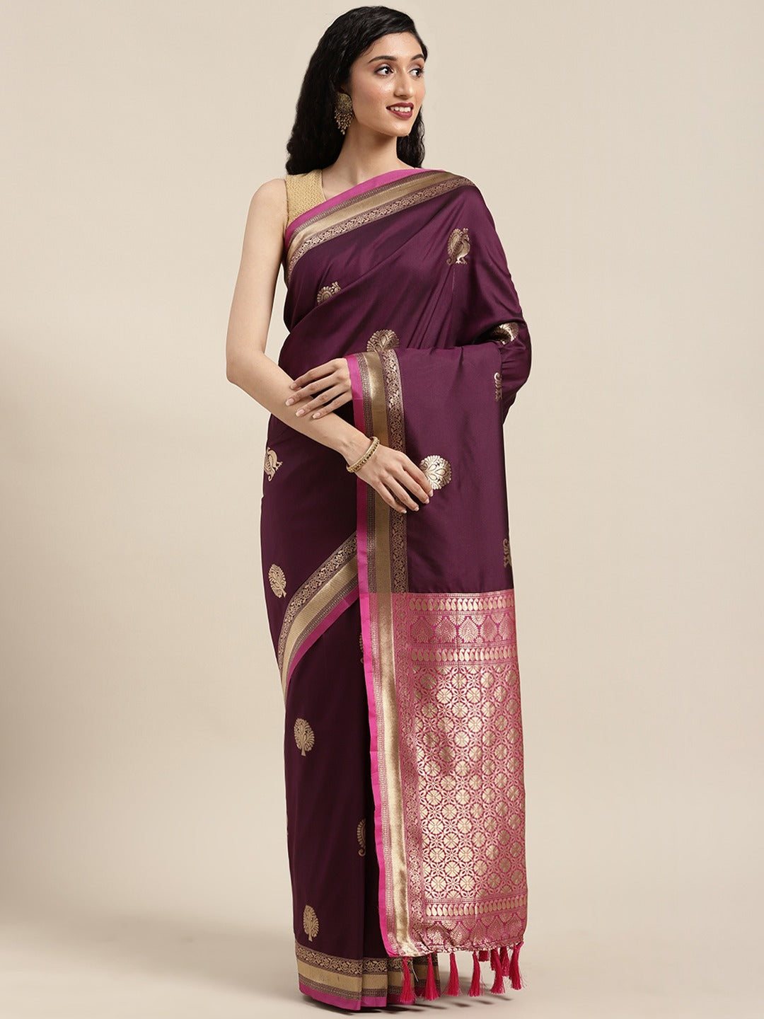 Stylish Banarasi Wine Colour Silk Blend Saree