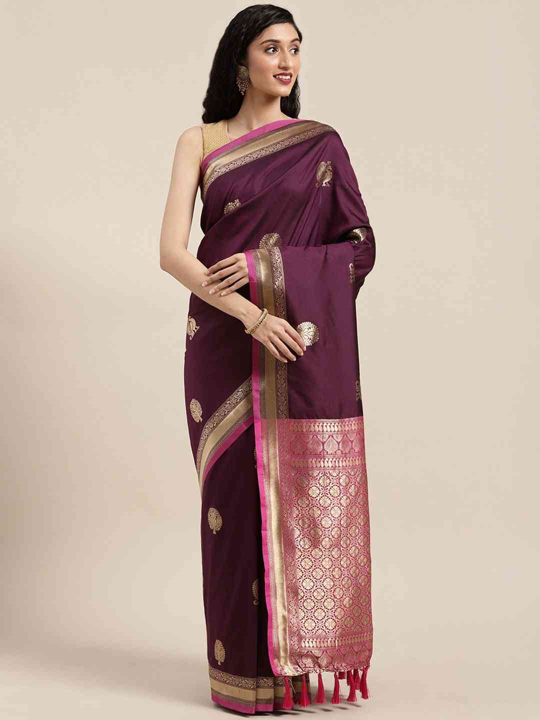 Stylish Banarasi Wine Colour Silk Blend Saree