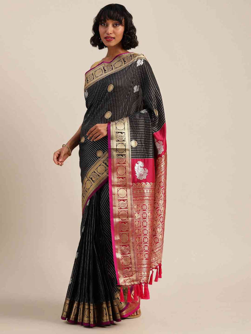 Black Silk Blend Zari Woven Saree with Pink Peacock Pallu