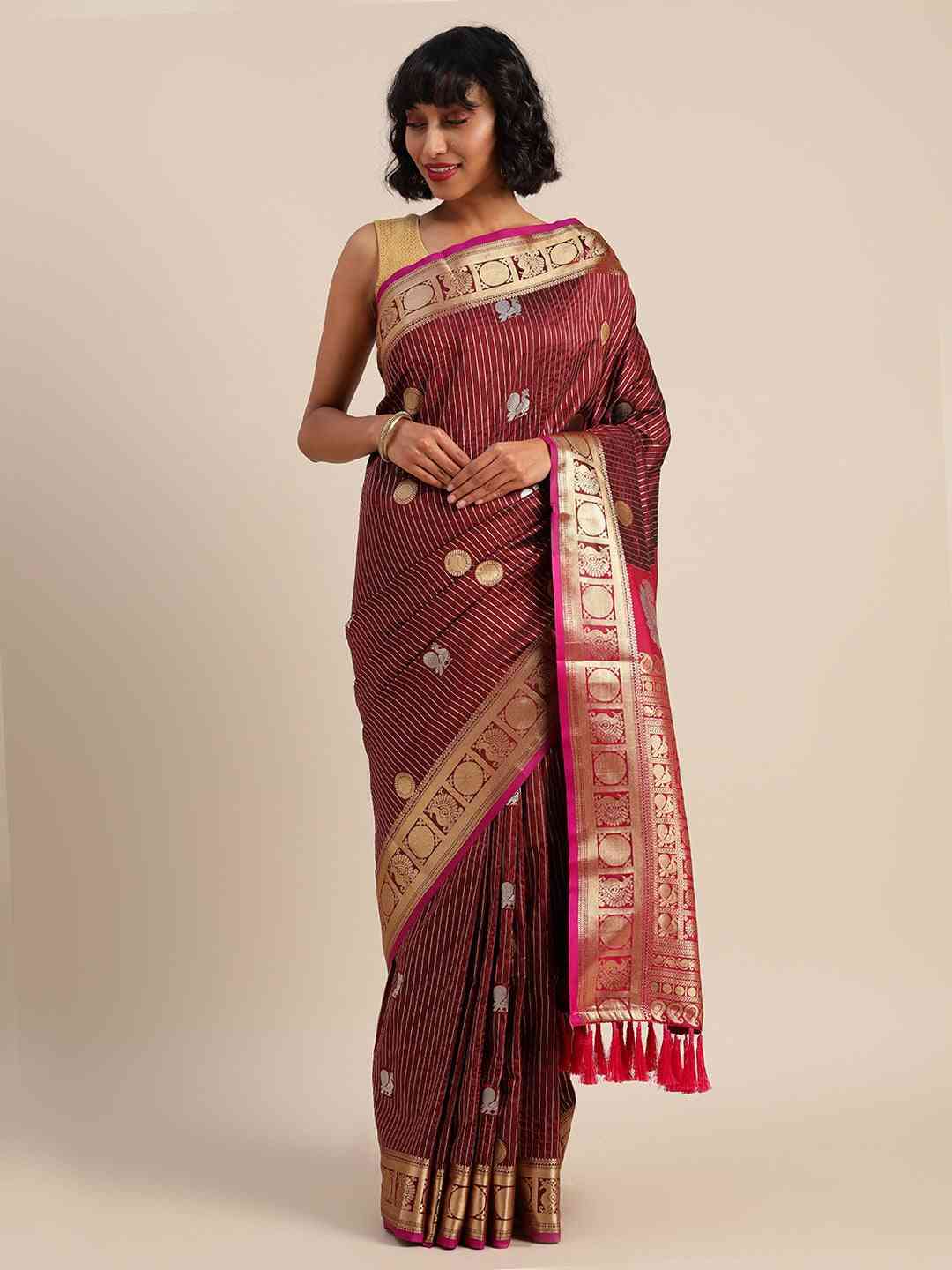 Beautiful Embellished Maroon Colour Silk Banarasi Saree
