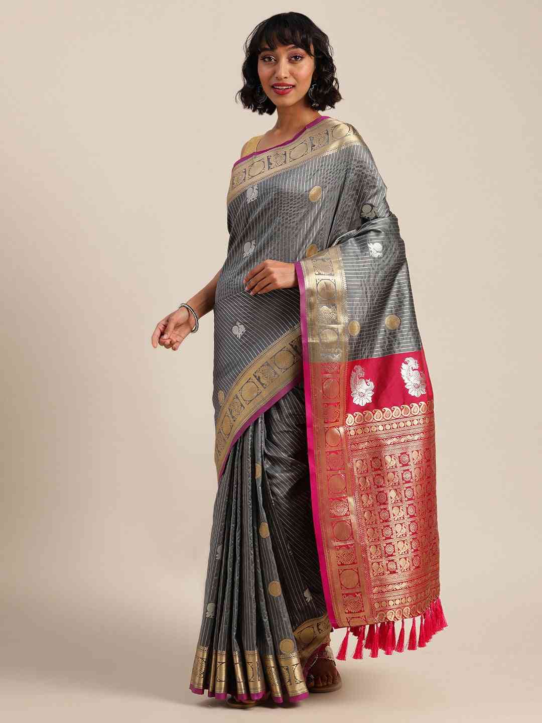 Beautiful Embellished Grey Colour Silk Banarasi Saree 