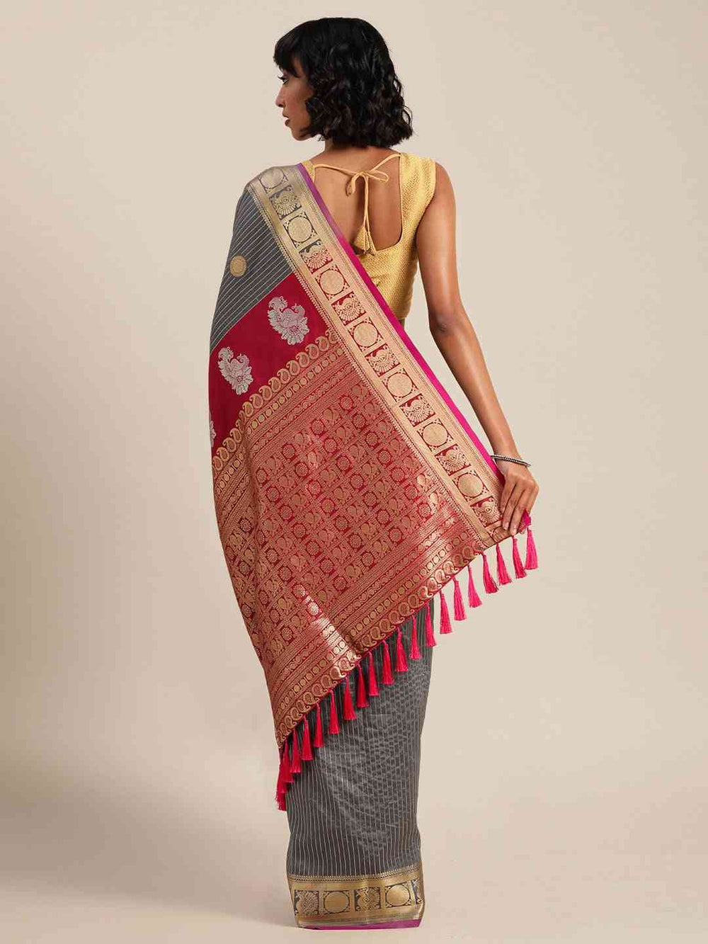 Beautiful Embellished Grey Colour Silk Banarasi Saree 