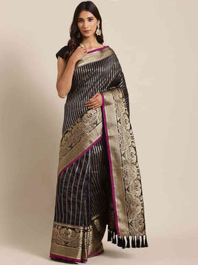 Banarasi Striped Black Colour Silk Blend Saree