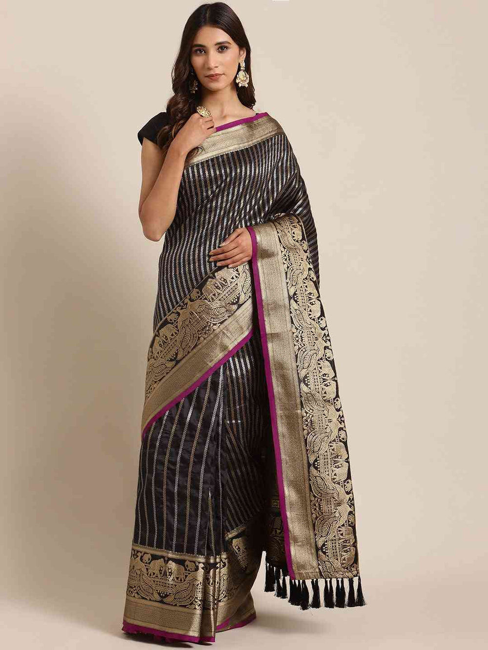 Banarasi Striped Black Colour Silk Blend Saree