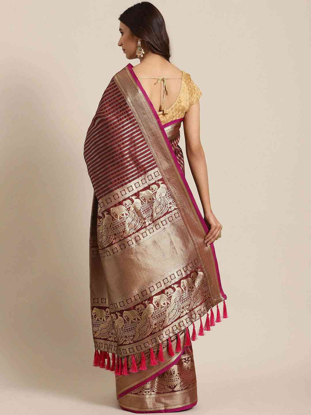 Banarasi Striped Maroon Silk Blend Saree