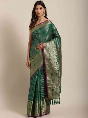 Latest Banarasi Striped Bottle Green Colour Silk Blend Saree