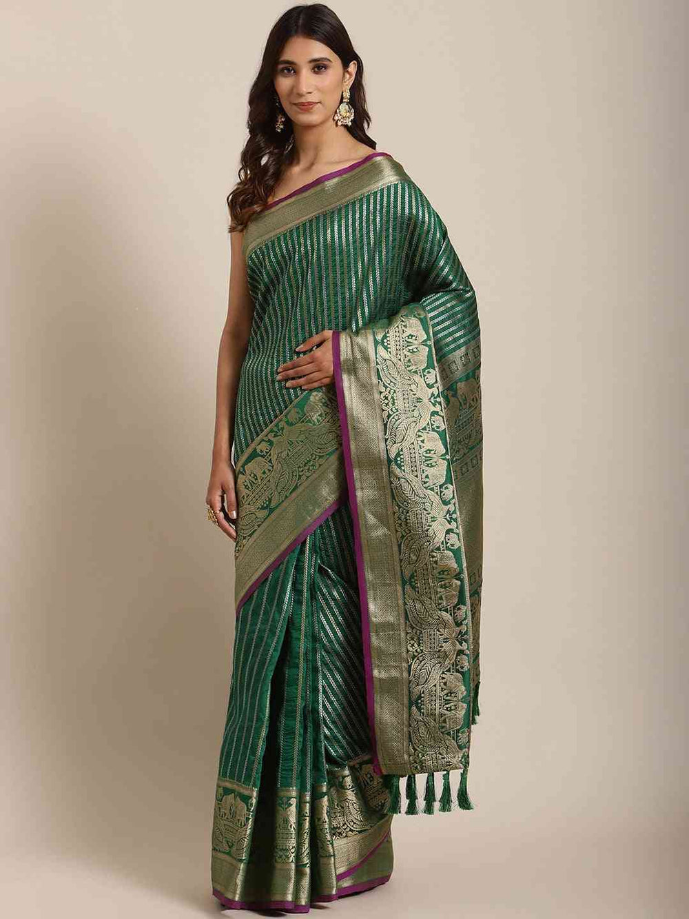 Latest Banarasi Striped Bottle Green Colour Silk Blend Saree