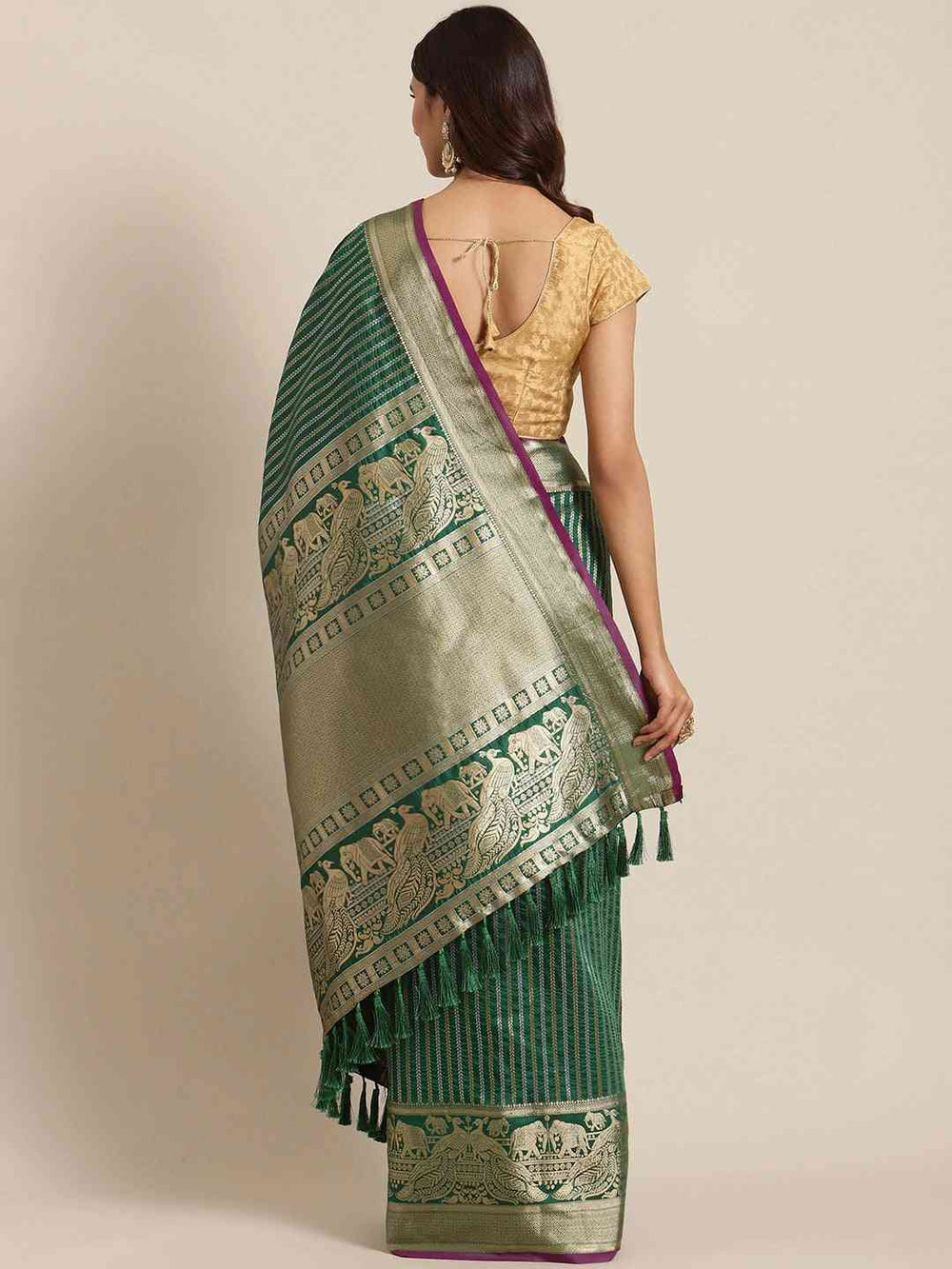 Latest Banarasi Striped Bottle Green Colour Silk Blend Saree