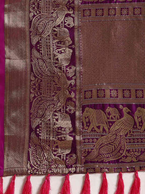 Banarasi Striped Wine Silk Blend Saree