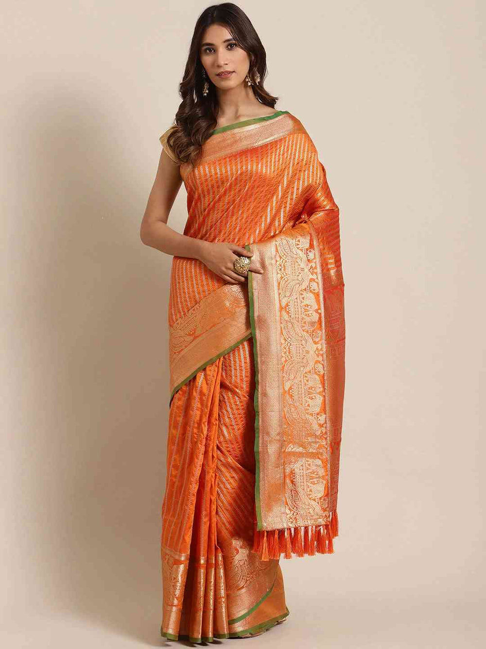Banarasi Striped Orange Silk Blend Saree