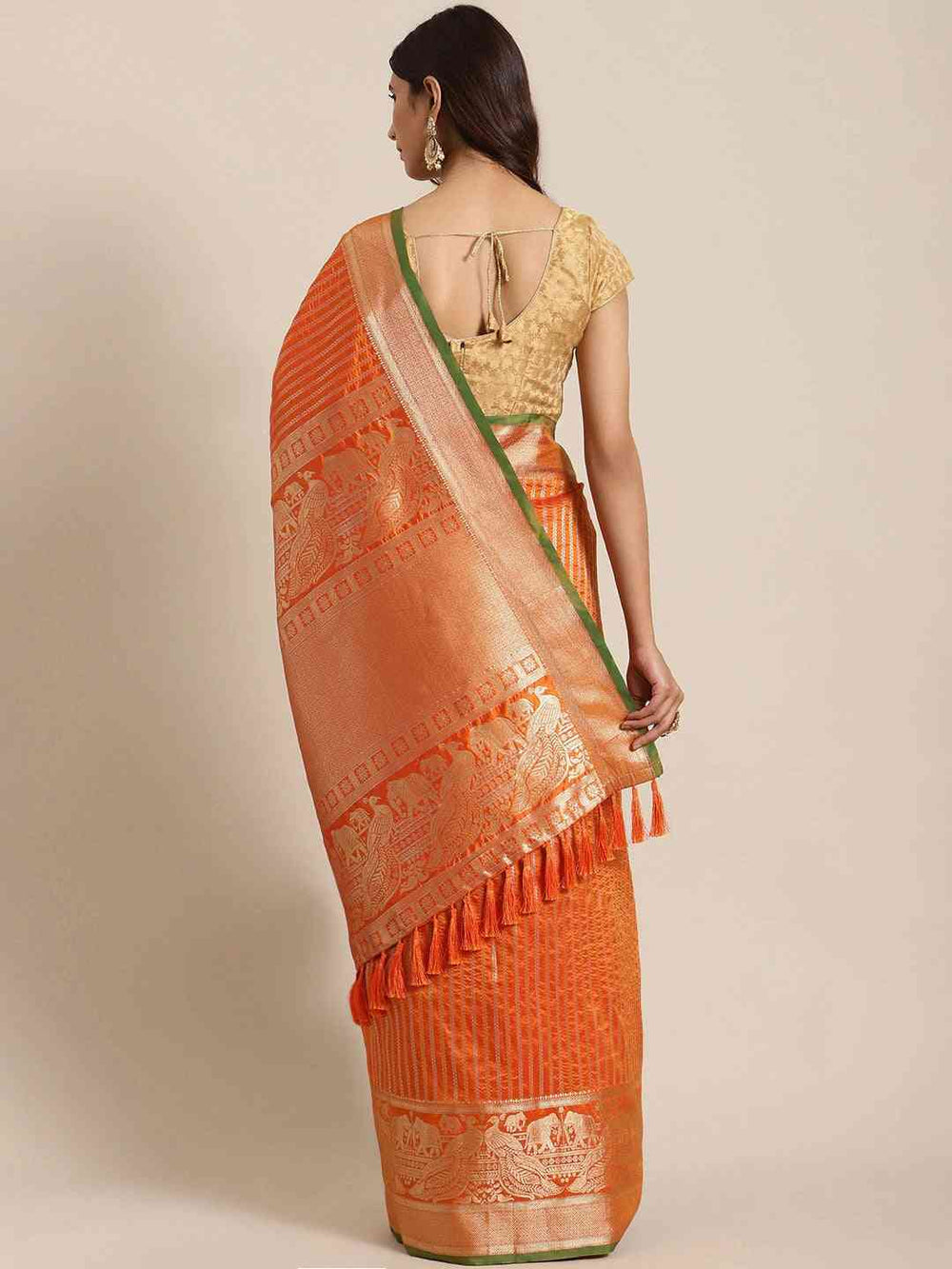 Banarasi Striped Orange Silk Blend Saree