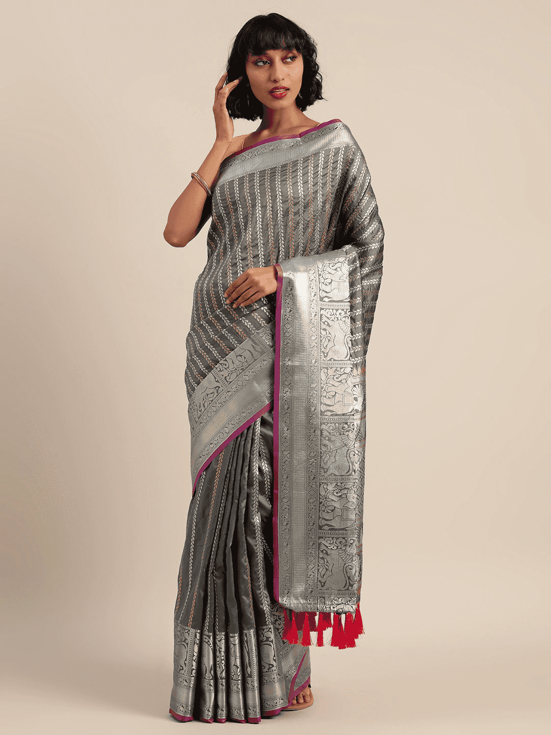 Stylish Banarasi Grey Colour Silk Blend Embellished Saree