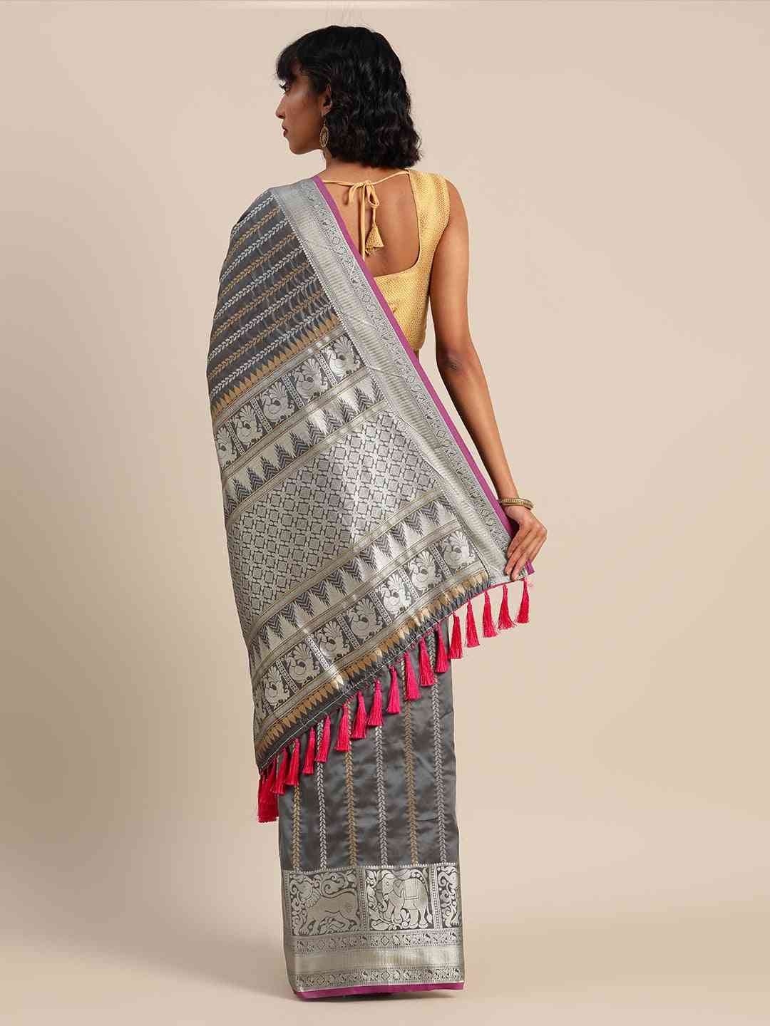 Stylish Banarasi Grey Colour Silk Blend Embellished Saree