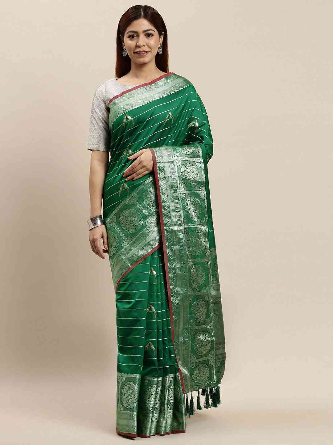 Banarasi Striped Silk Blend Saree in Dark Green 