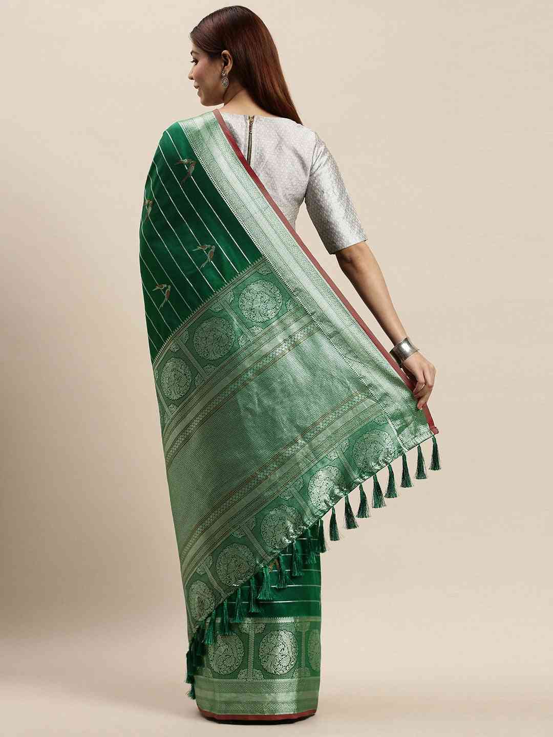 Banarasi Striped Silk Blend Saree in Dark Green 
