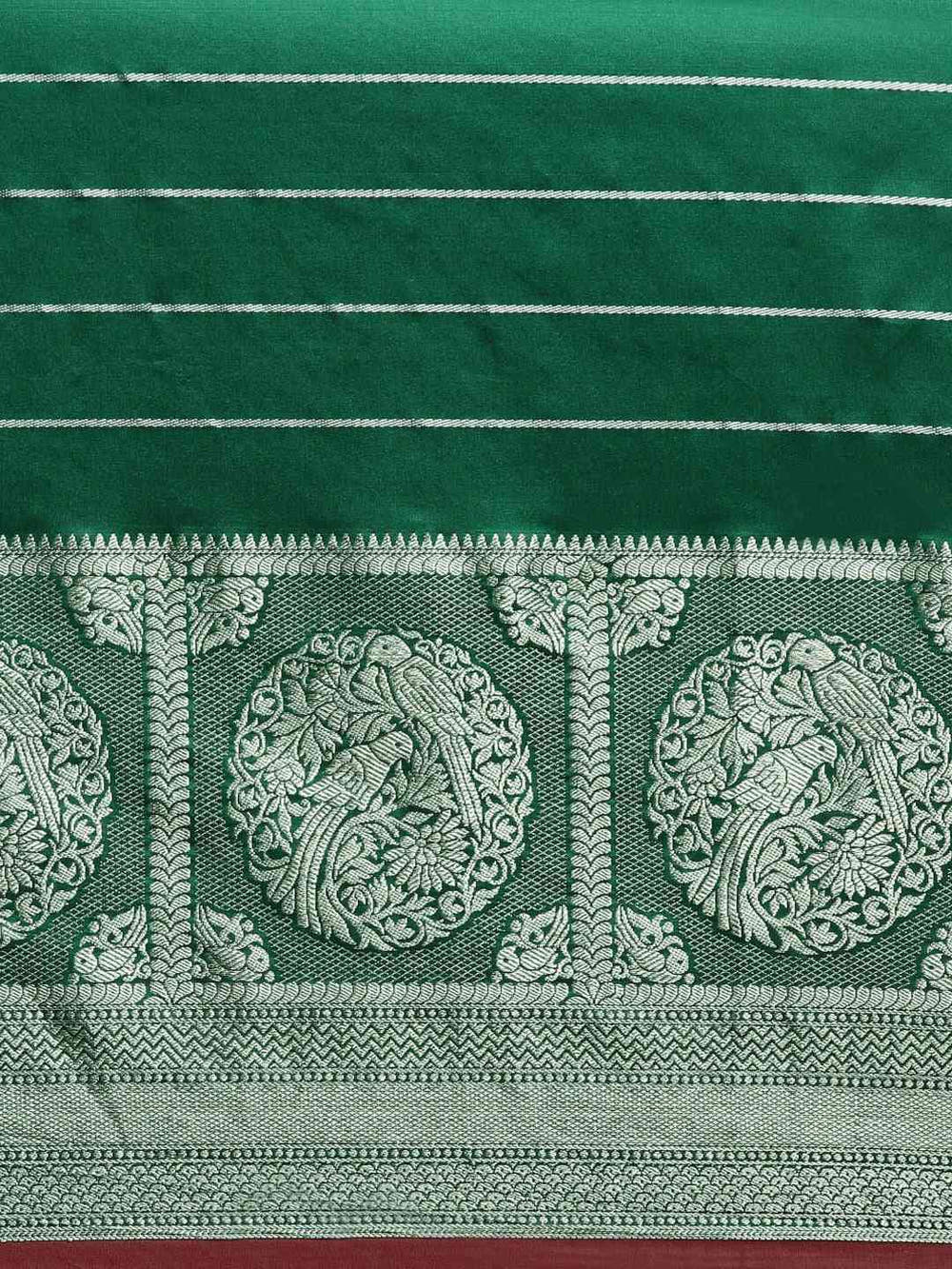 Banarasi Striped Silk Blend Saree in Dark Green 