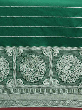 Banarasi Striped Silk Blend Saree in Dark Green 