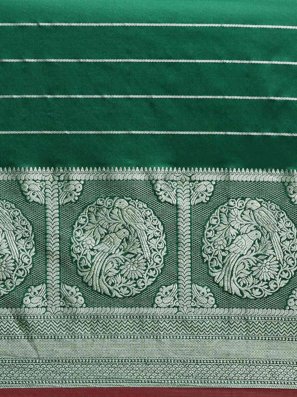 Banarasi Striped Silk Blend Saree in Dark Green 